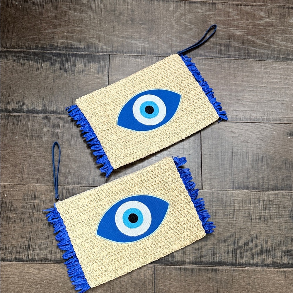 Mykonos Breeze Evil Eye Raffia Clutch Woven Clutch with Blue Evil Eye Design